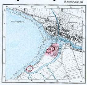 Curtis (2) und Fluchtburg (3) auf der ehemaligen Insel. Hochmittelalter (10.-12. Jhdt.)