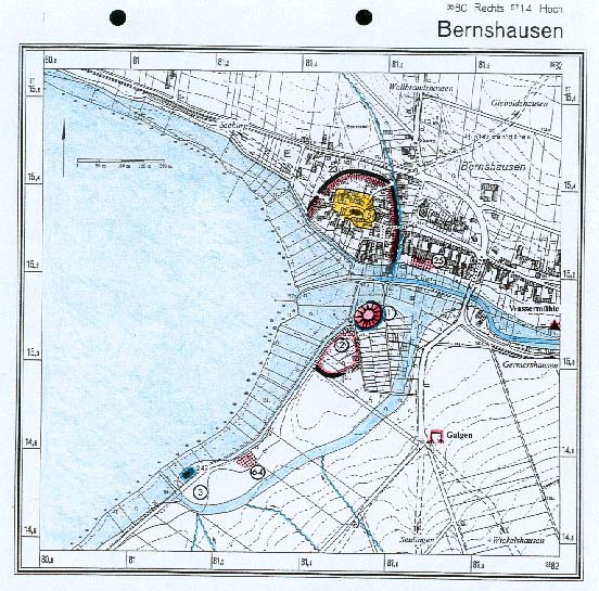 Niederungsburg (1), Landgerichtsplatz (2) und Dorfbefestigung von Bernshausen im Spätmittelalter